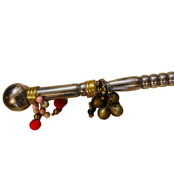 Antique Indian Silver Plated Brass Handcrafted Pair Of Dandiya Sticks With Bells - Picture 3 of 9